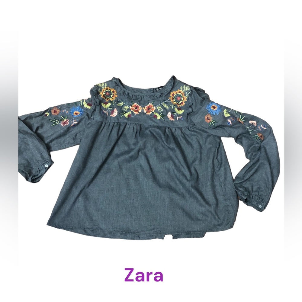 Zara Embroidered Back Button Ruffle Blouse M
